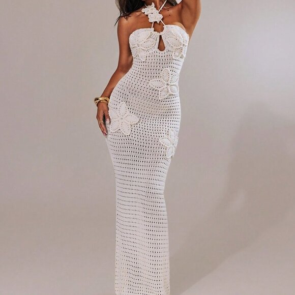 White Sexy Women's Floral Print Long Sweater Dress - Picture 6 of 7